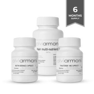 Six-month supply of Biotin Multi-Nutrient and Finasteride supplement for hair growth.