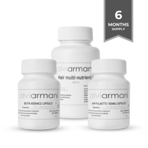 Six-month supply of Biotin Multi-Nutrient and Saw Palmetto supplement for hair health.