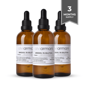 Three-month supply of 5% Minoxidil solution from Alvi Armani for hair regrowth.