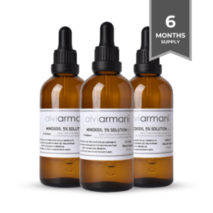 Six-month supply of Alvi Armani’s 5% Minoxidil solution for hair regrowth.