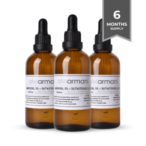 Six-month supply of Minoxidil and Dutasteride solution by Alvi Armani for hair regrowth.